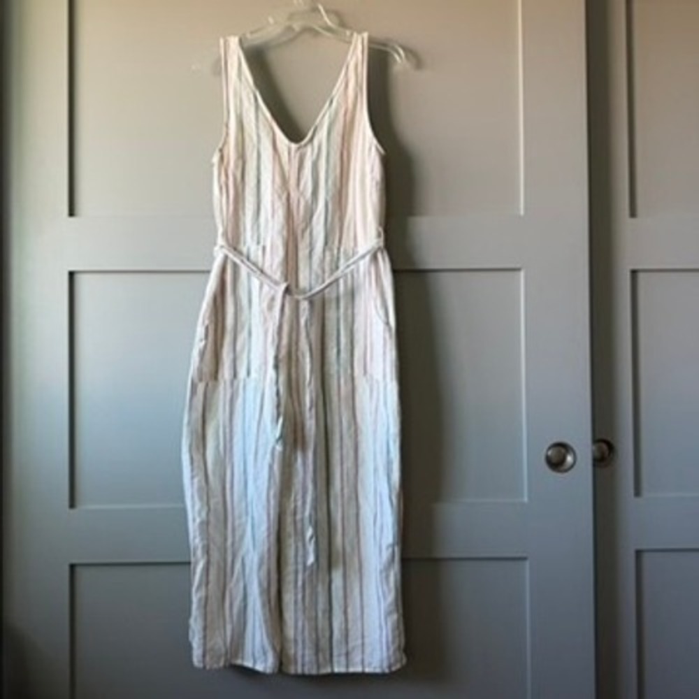 American Eagle Jumpsuit Womens XS Striped Linen Blend Wide Leg Belted Pockets